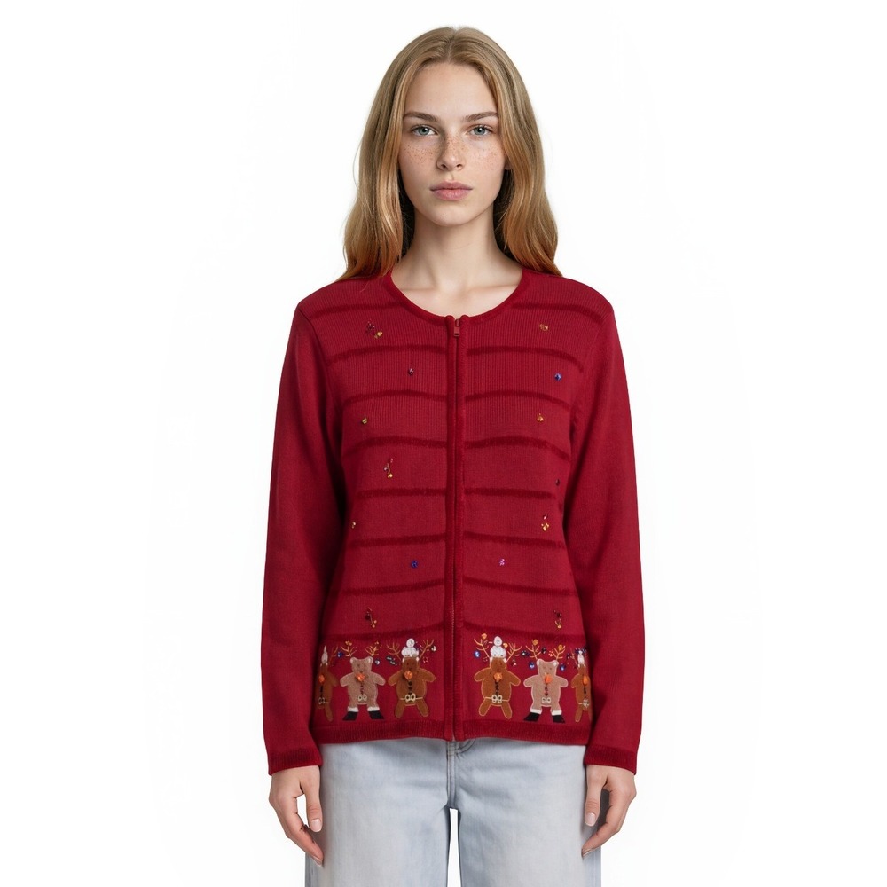 Quacker Factory Cardigan Sweater Women's Size Medium Red Reindeer Gingerbread